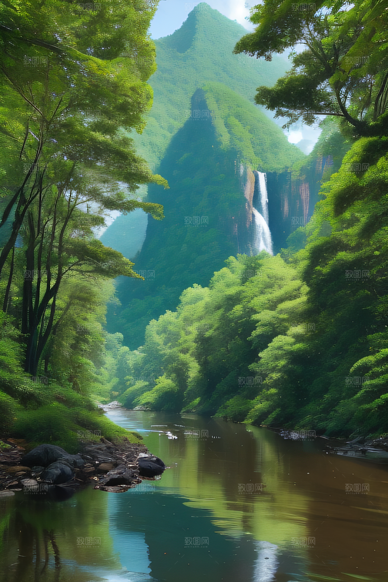 自然的细节流动的水翠绿的树叶和雄伟的山峦