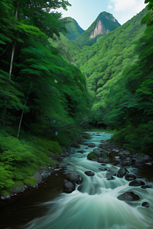 自然的细节流动的水翠绿的树叶和雄伟的山峦