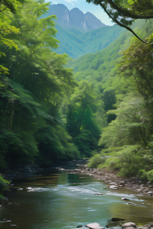 自然的细节流动的水翠绿的树叶和雄伟的山峦