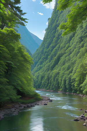 山水相映清澈的河水与壮丽的山峦相互辉映