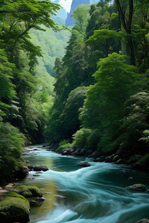 山水相映清澈的河水与壮丽的山峦相互辉映
