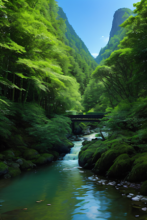 山水相映清澈的河水与壮丽的山峦相互辉映
