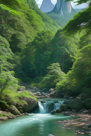 山水相映清澈的河水与壮丽的山峦相互辉映