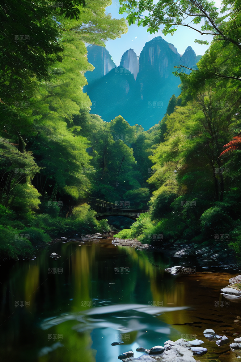 山水相映清澈的河水与壮丽的山峦相互辉映