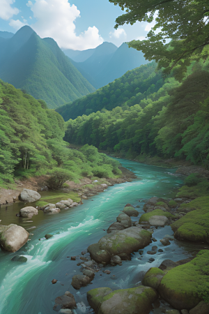山岳奇观壮丽的山峦与清澈的河水相得益彰