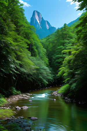 山水交融河水与山峦在一起创造出和谐的景象