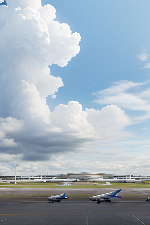 柔软的云朵与机场建筑形成鲜明对比