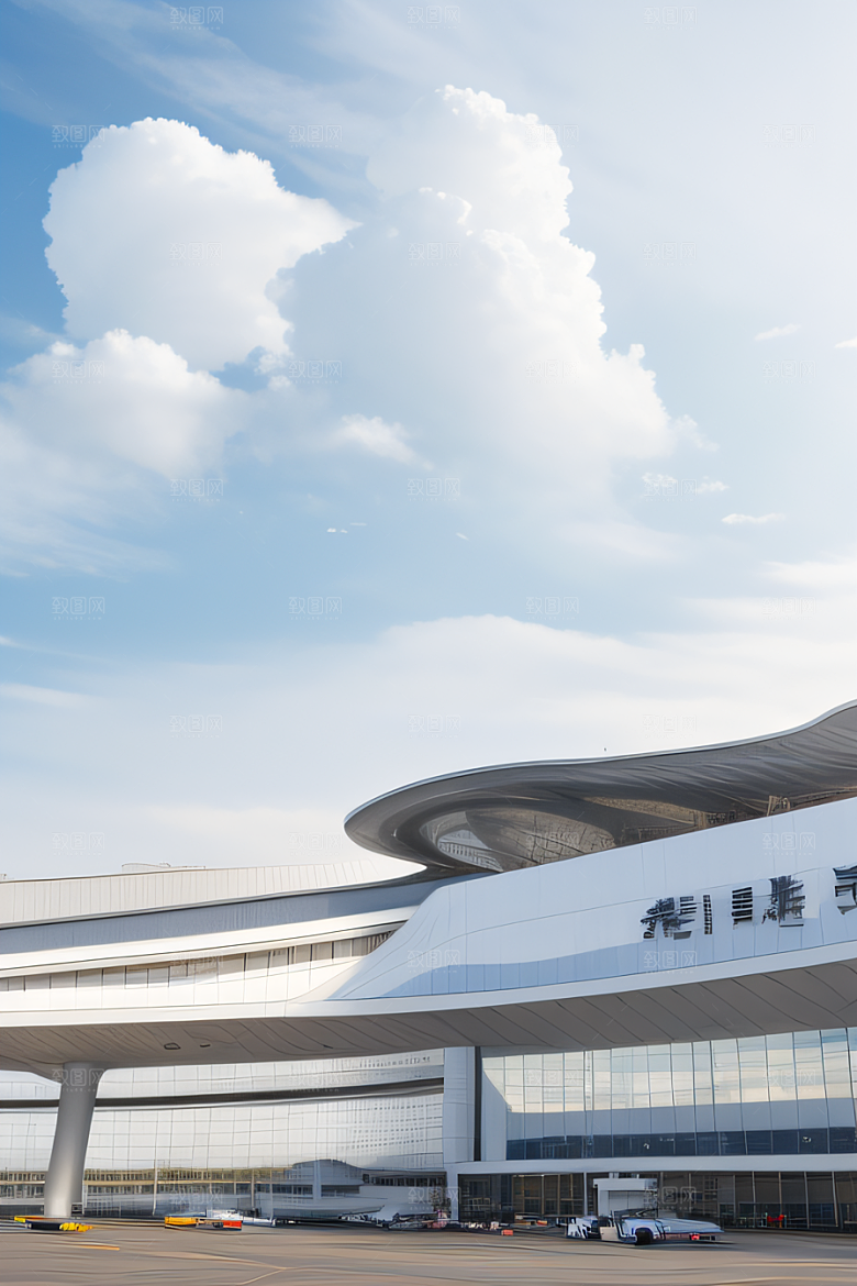 空中飘荡的云朵为机场增添一抹浪漫