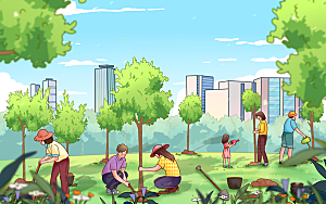 传统节日植树节种树人物手绘插画绿色城市