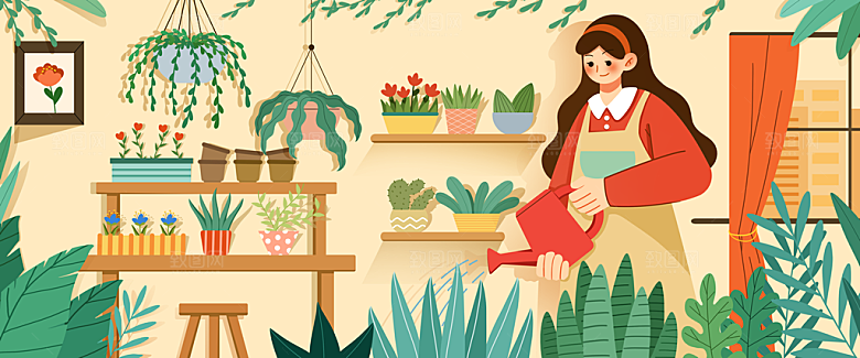 植树节家庭花坊治愈扁平插画banner
