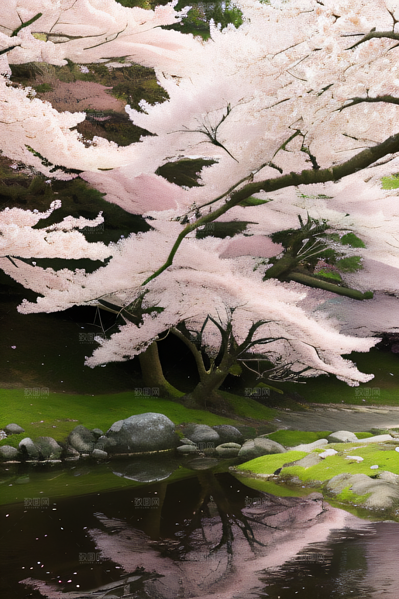 深情的樱花与清澈的河水