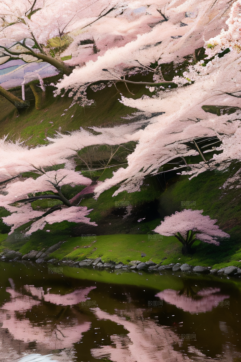 深情的樱花与清澈的河水