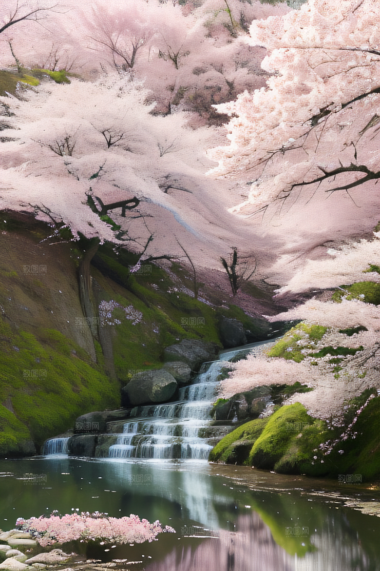 深情的樱花与清澈的河水