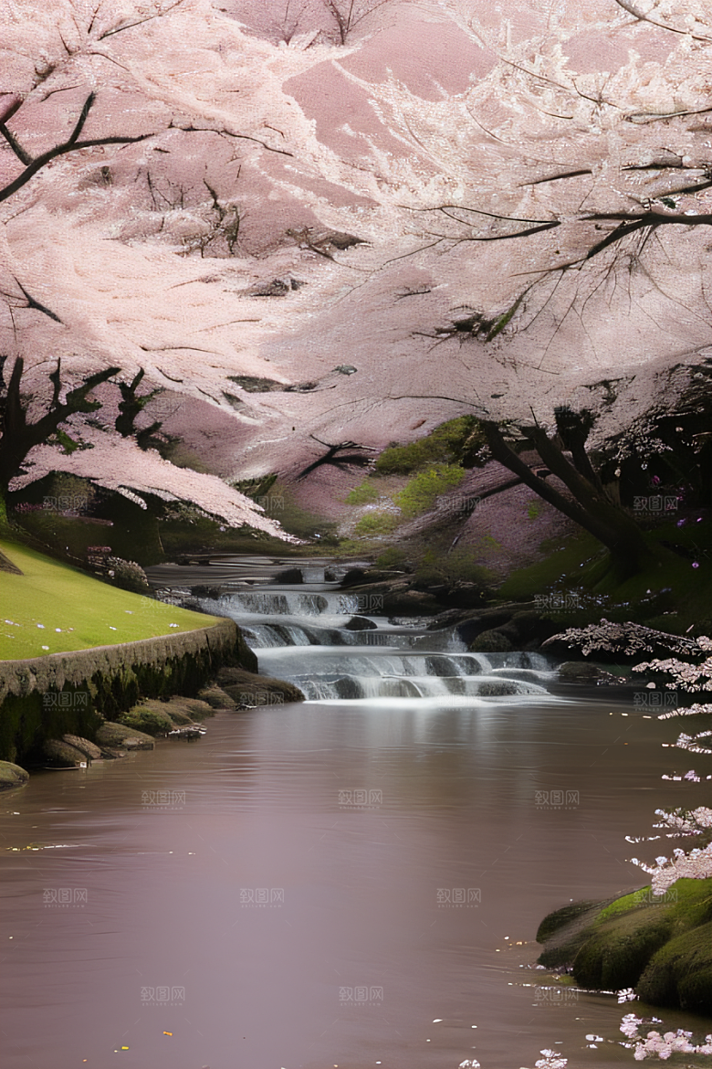 樱花飘香森林映衬的绝美风景
