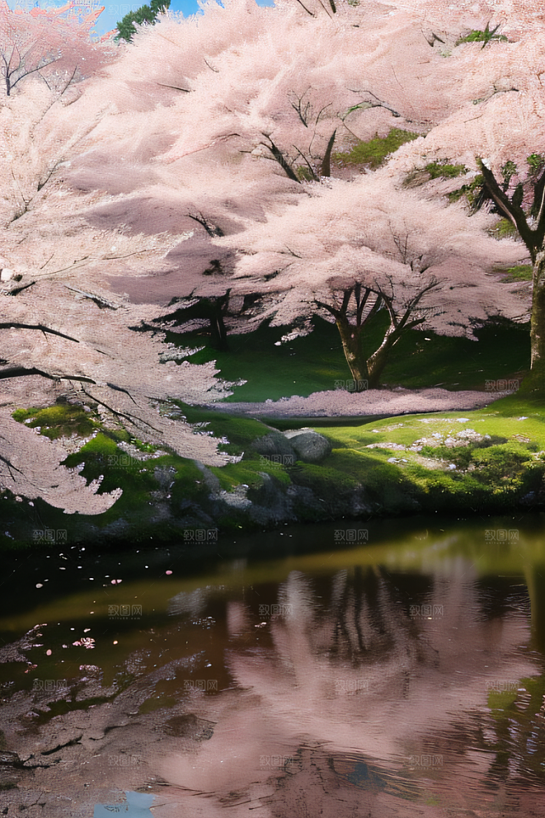 樱花飘香森林映衬的绝美风景