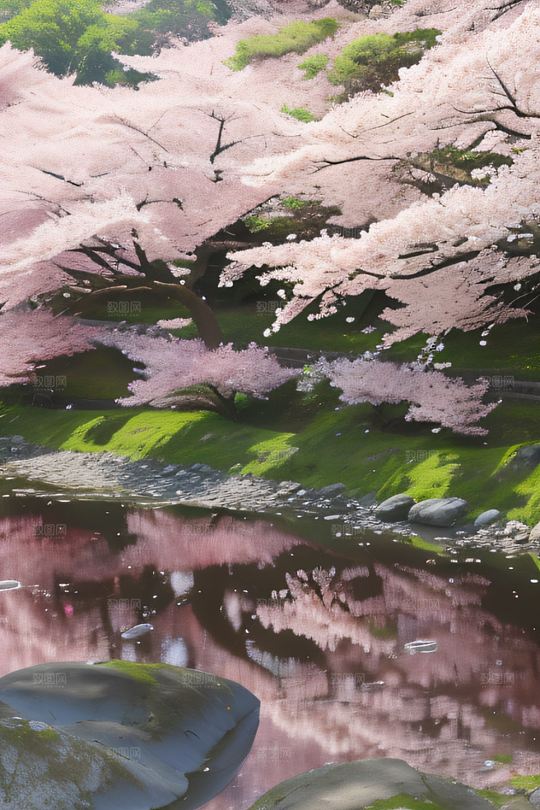 樱花飘香森林映衬的绝美风景