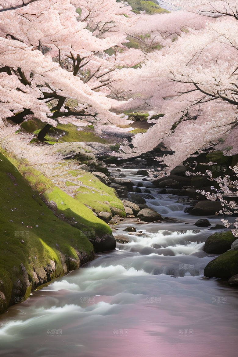 樱花飘香森林映衬的绝美风景