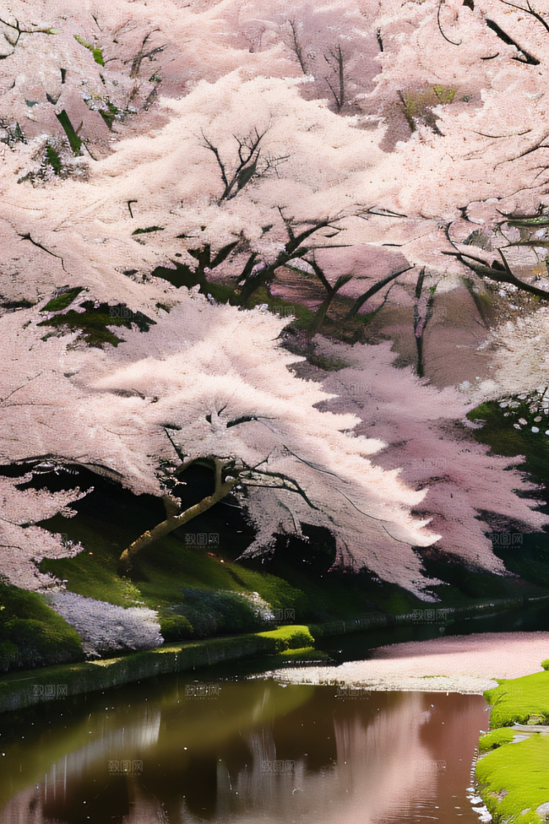 樱花飘香森林映衬的绝美风景