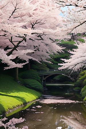 樱花飘香森林映衬的绝美风景