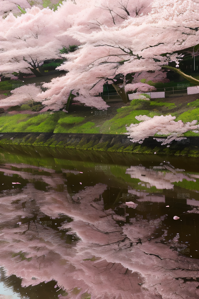 樱花飘香森林映衬的绝美风景