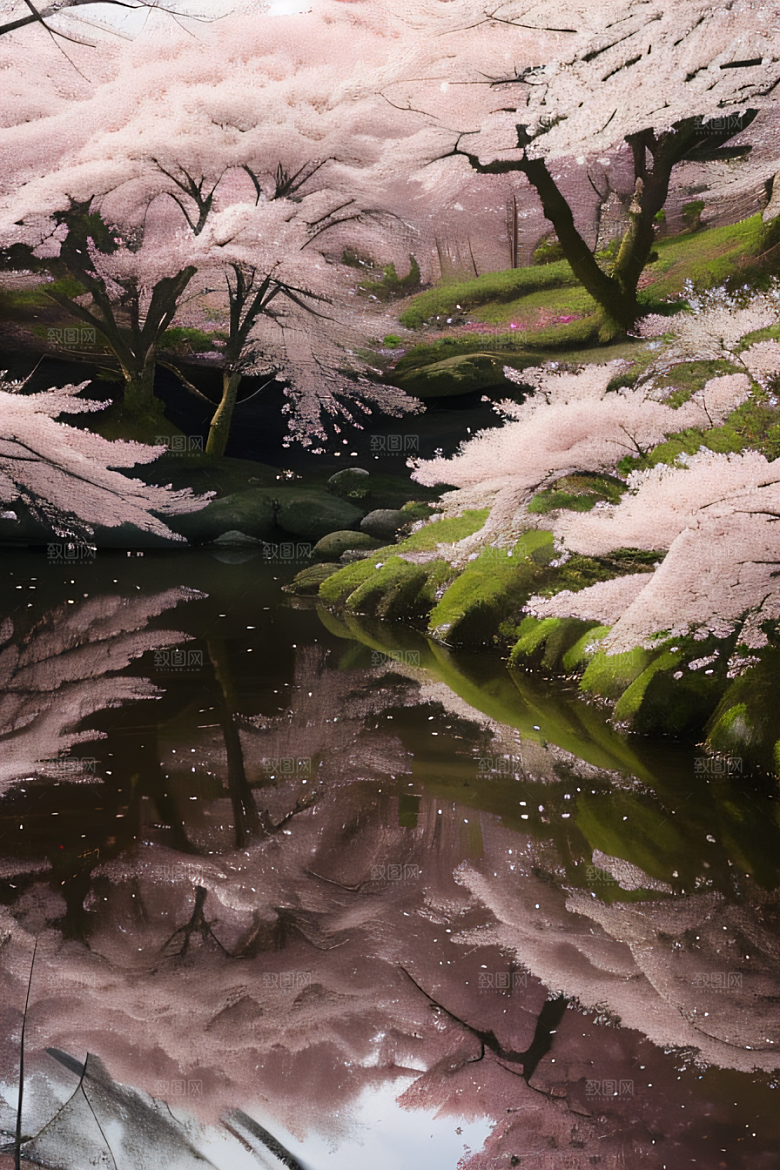 樱花飘香森林映衬的绝美风景