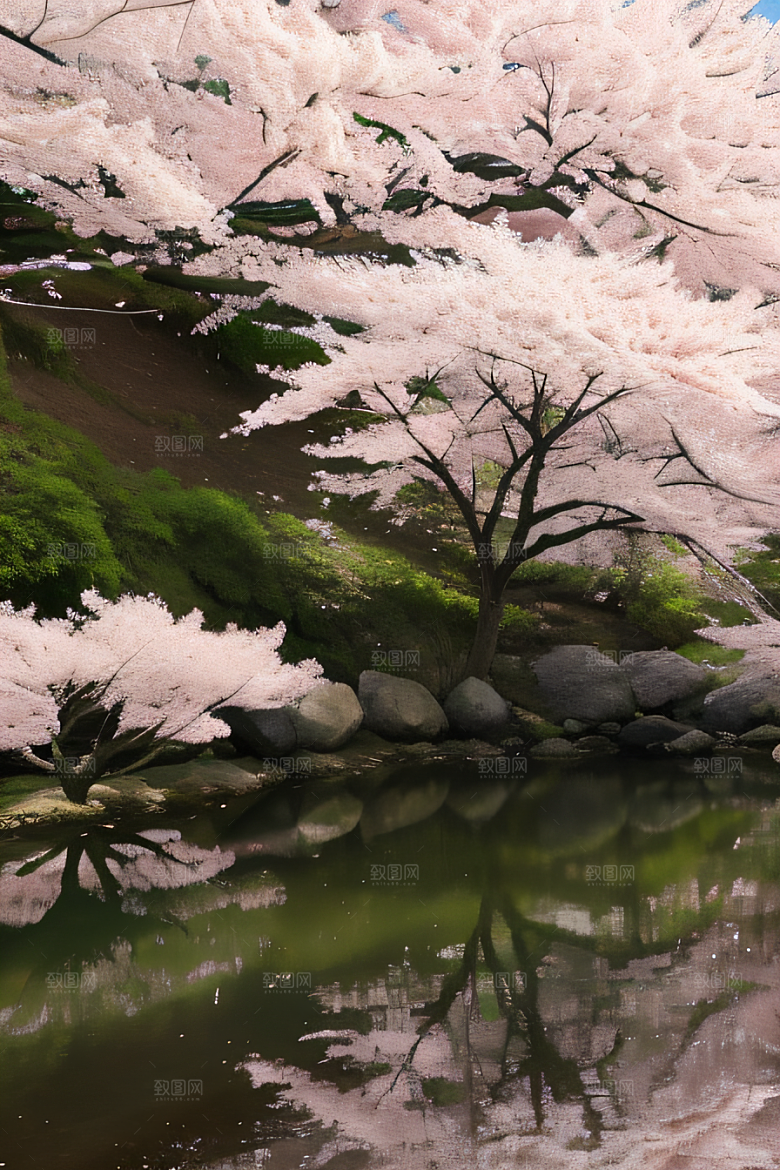 樱花飘香森林映衬的绝美风景