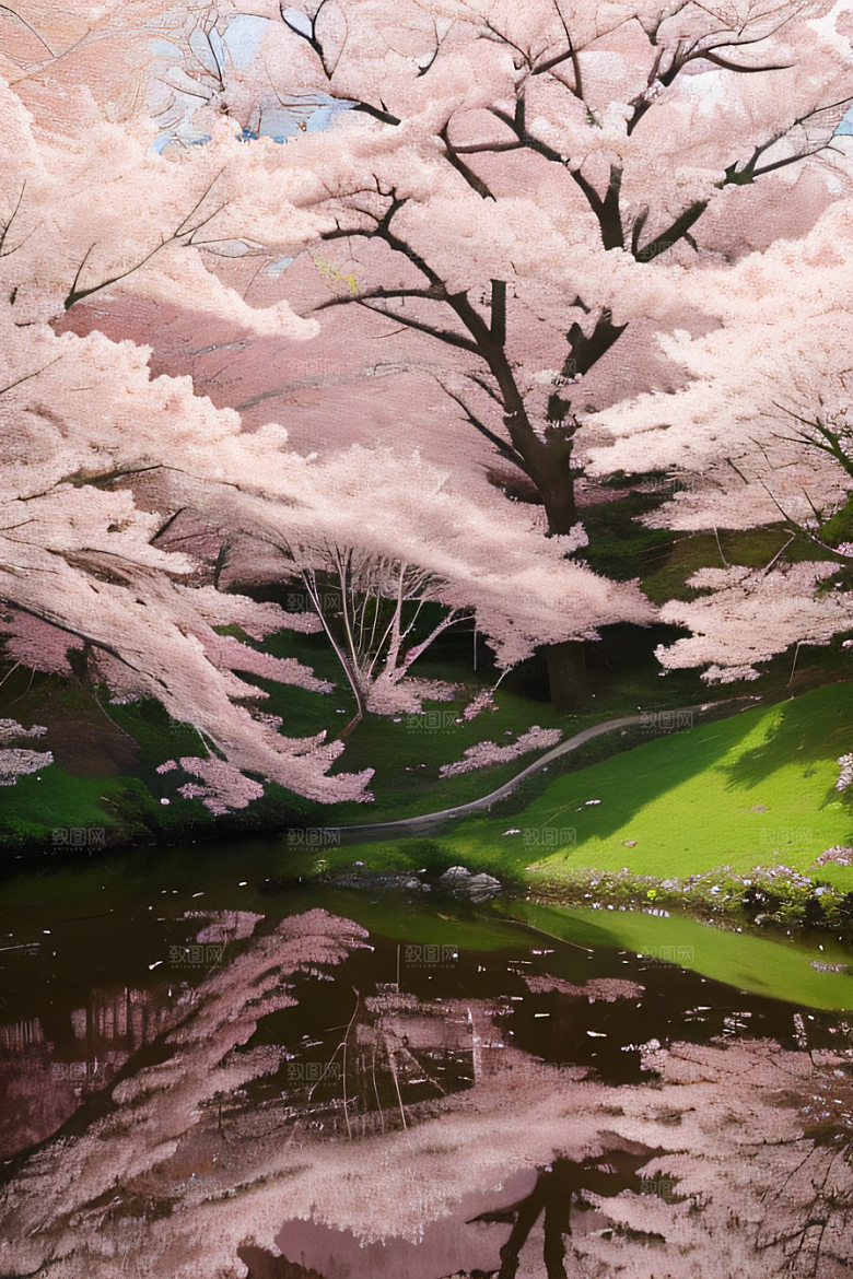 樱花飘香森林映衬的绝美风景