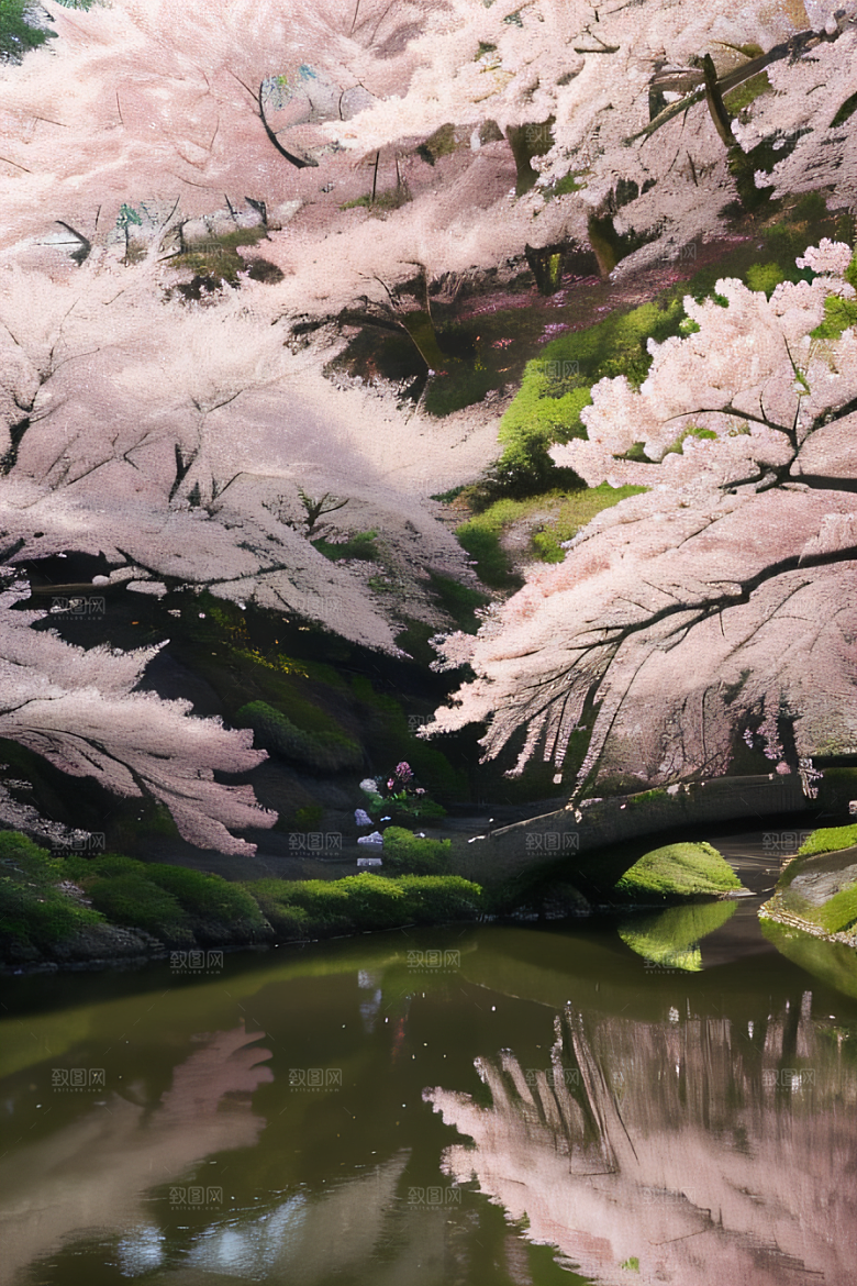樱花飘香森林映衬的绝美风景