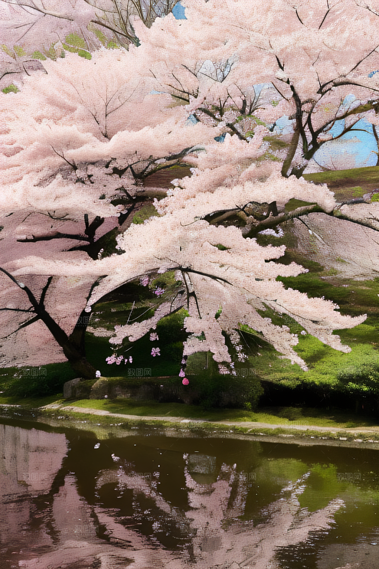 樱花飘香森林映衬的绝美风景