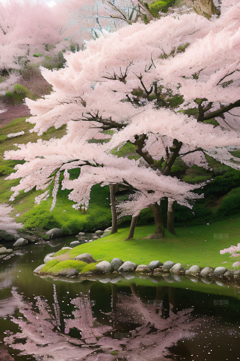 山丘之巅樱花林的壮丽景色