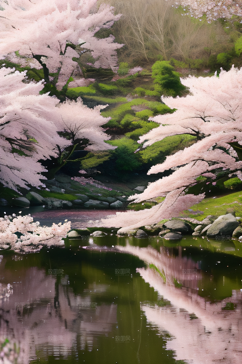 山丘之巅樱花林的壮丽景色