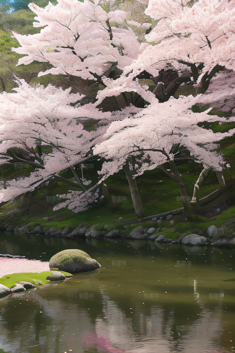 山丘之巅樱花林的壮丽景色