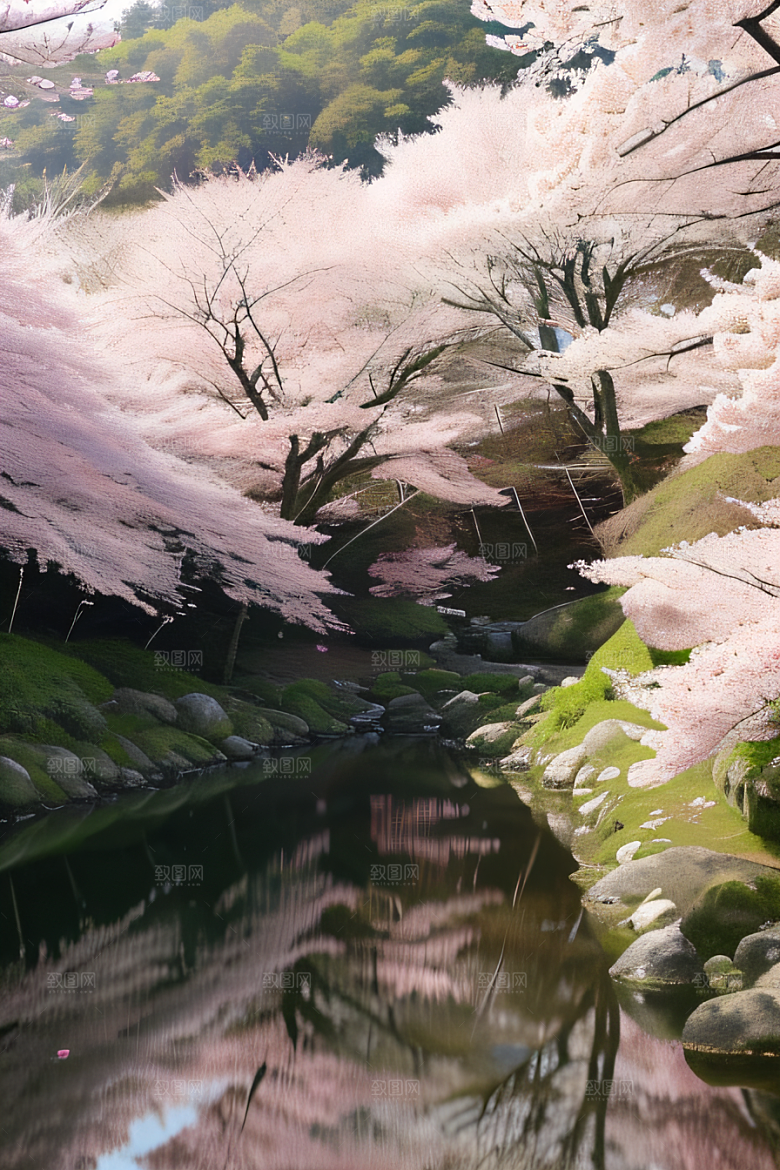 山丘之巅樱花林的壮丽景色