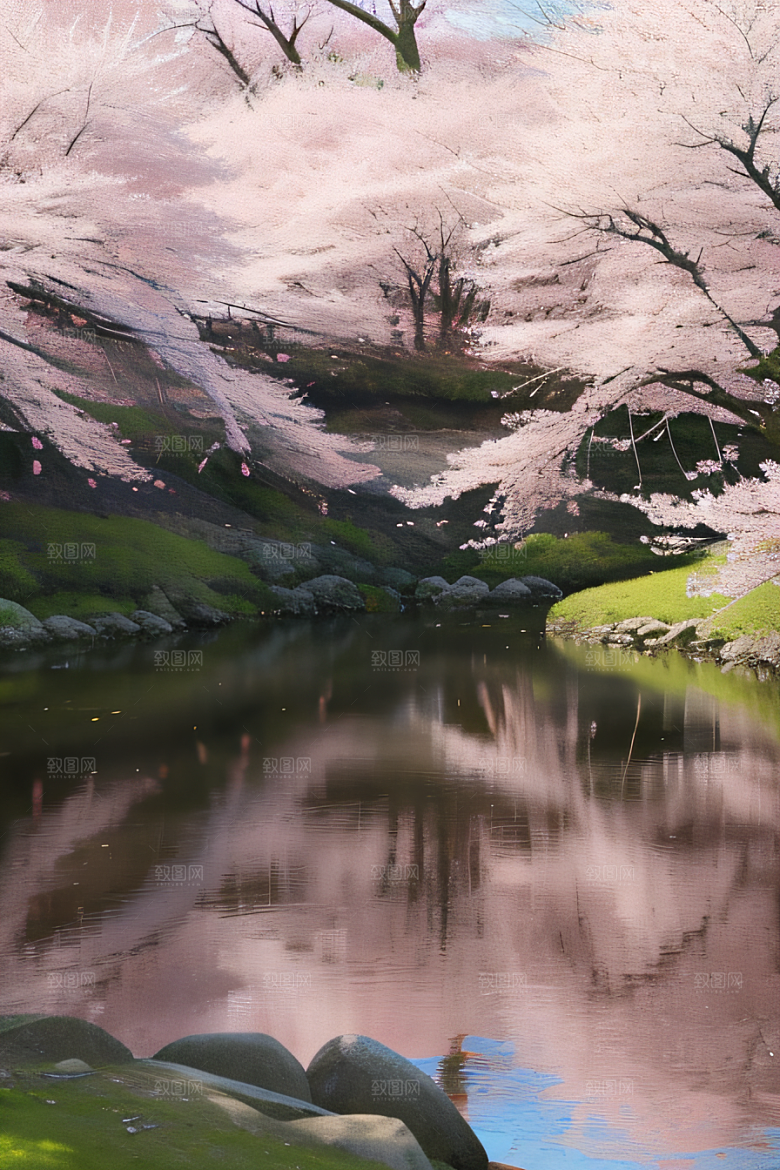 山丘之巅樱花林的壮丽景色