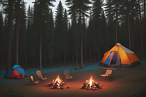 欢笑露营帐篷与森林的欢乐之夜