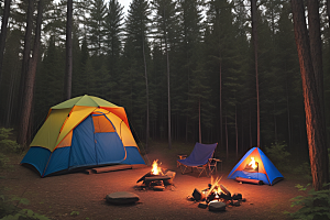 欢笑露营帐篷与森林的欢乐之夜