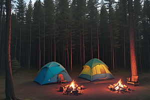 快乐露营温馨篝火与森林的快乐时光