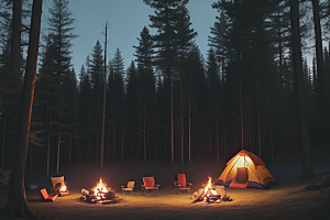 快乐露营温馨篝火与森林的快乐时光