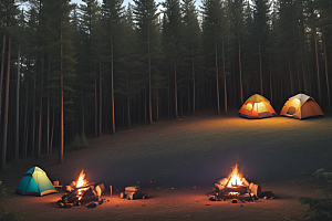 欢笑露营者篝火与帐篷的快乐场景