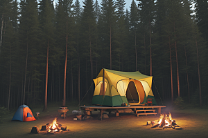 欢笑露营者篝火与帐篷的快乐场景