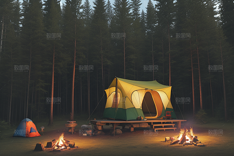 欢笑露营者篝火与帐篷的快乐场景