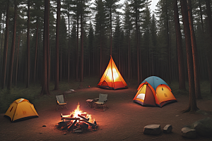 欢笑露营者帐篷与森林的欢乐景象