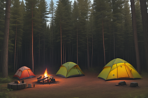 欢笑露营者帐篷与森林的欢乐景象