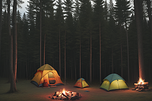 温馨露营森林背景下的火光与帐篷