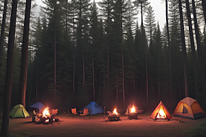 温馨露营森林背景下的火光与帐篷