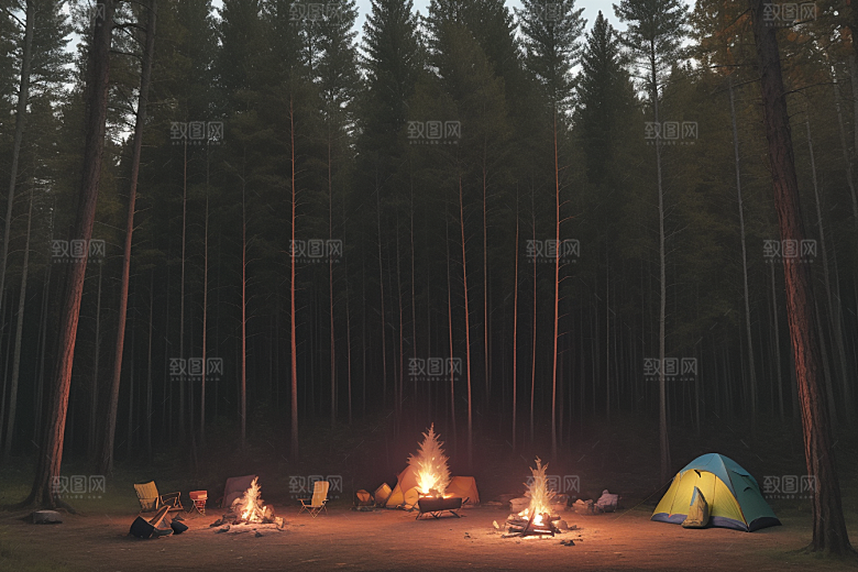 欢乐露营篝火燃烧的温馨场景