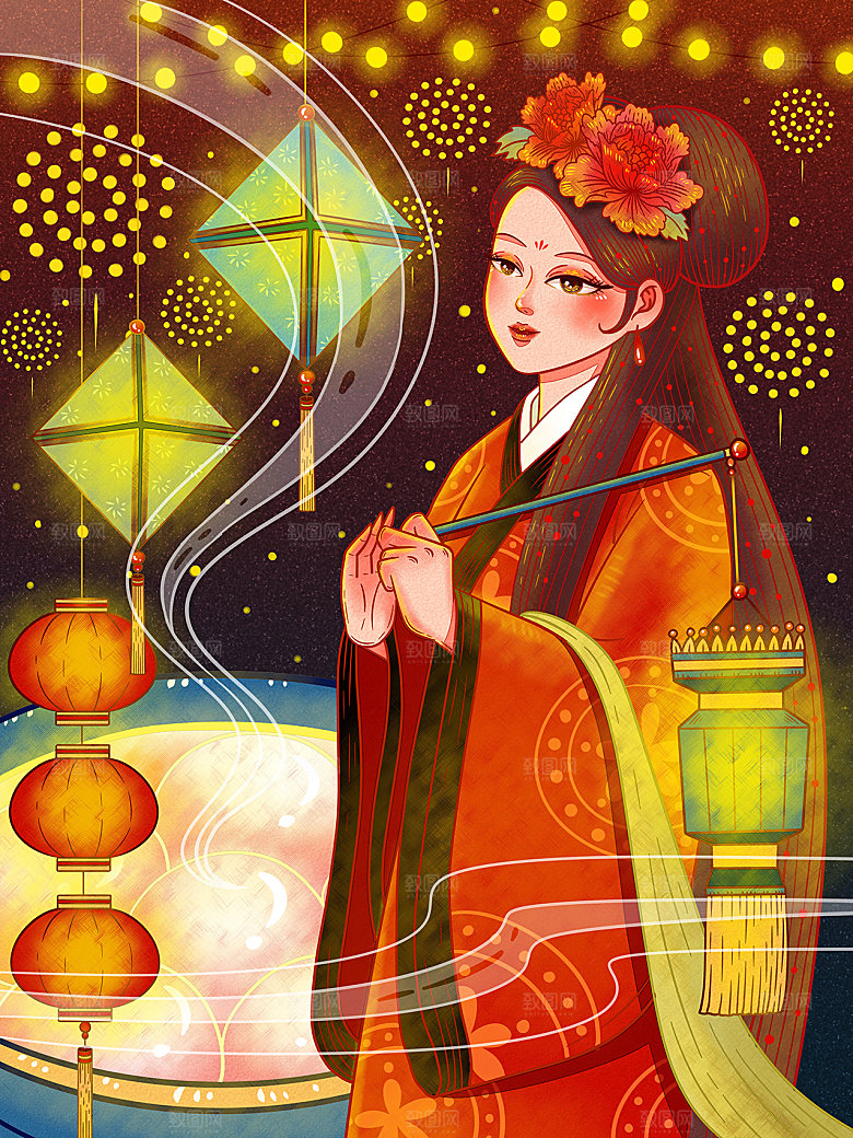 正月十五元宵节灯笼汤圆插画海报