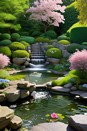 水潺潺花香四溢美景