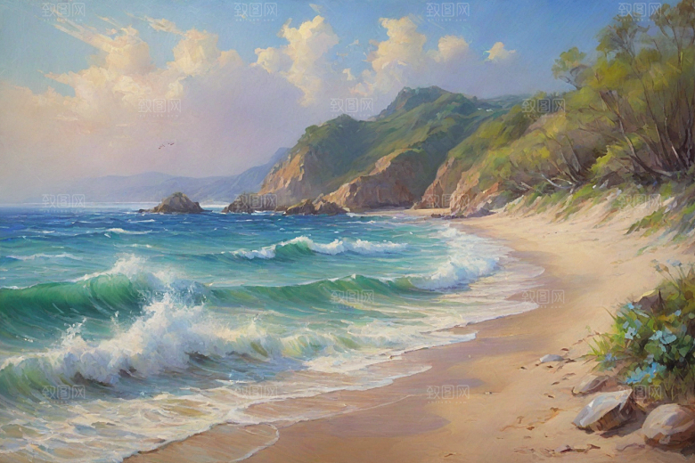 浪花贝壳勾勒精致插画