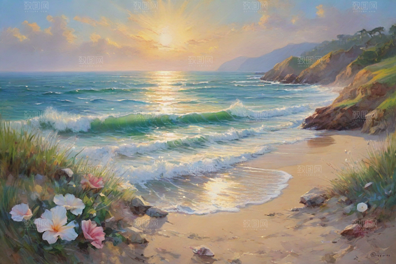 浪花贝壳勾勒精致插画